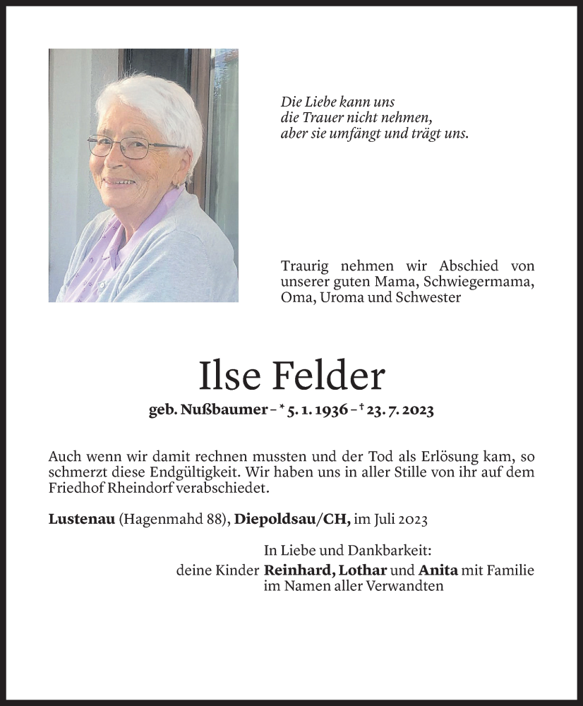 Todesanzeigen Von Ilse Felder Todesanzeigen Vorarlberger Nachrichten