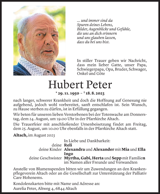 Todesanzeigen Von Hubert Peter Todesanzeigen Vorarlberger Nachrichten