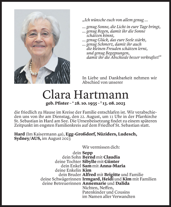 Todesanzeigen Von Clara Hartmann Todesanzeigen Vorarlberger Nachrichten