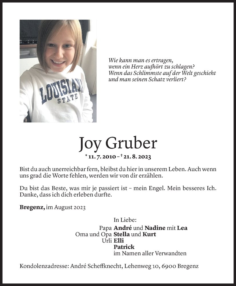 Todesanzeigen Von Joy Gruber Todesanzeigen Vorarlberger Nachrichten