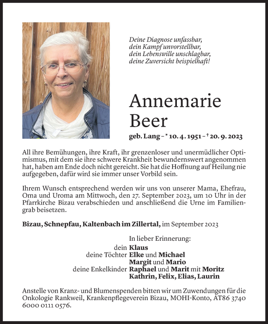 Todesanzeigen Von Annemarie Beer Todesanzeigen Vorarlberger Nachrichten