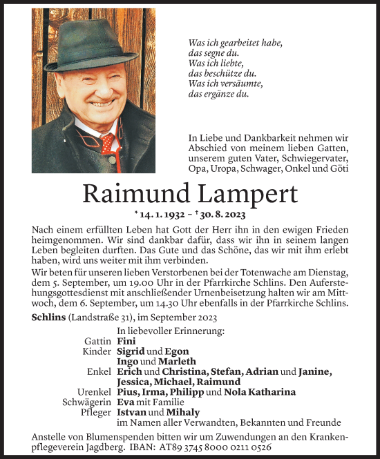 Todesanzeigen Von Raimund Lampert Todesanzeigen Vorarlberger Nachrichten