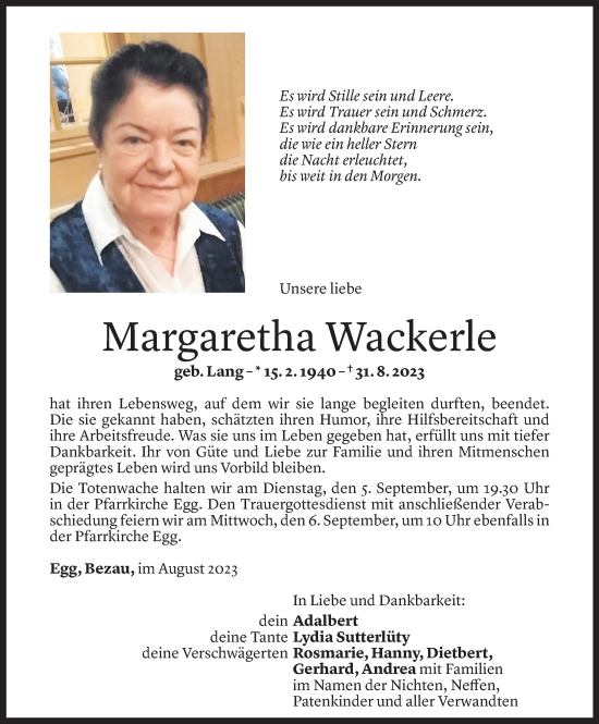 Todesanzeigen Von Margaretha Wackerle Todesanzeigen Vorarlberger