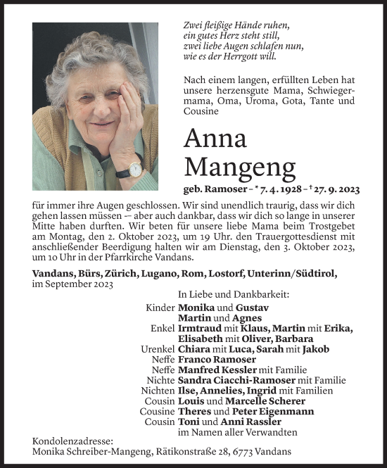 Todesanzeigen Von Anna Mangeng Todesanzeigen Vorarlberger Nachrichten