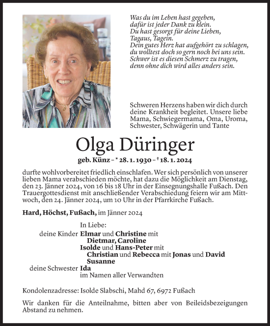 Todesanzeigen Von Olga D Ringer Todesanzeigen Vorarlberger Nachrichten