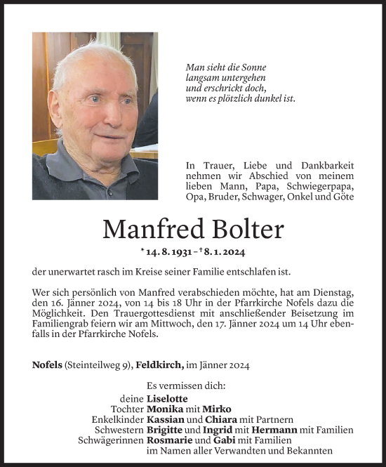 Todesanzeigen Von Manfred Bolter Todesanzeigen Vorarlberger Nachrichten