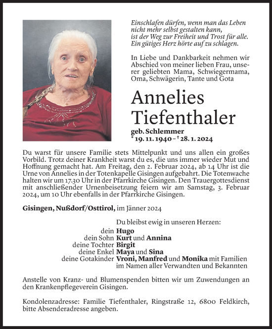 Todesanzeigen Von Annelies Tiefenthaler Todesanzeigen Vorarlberger