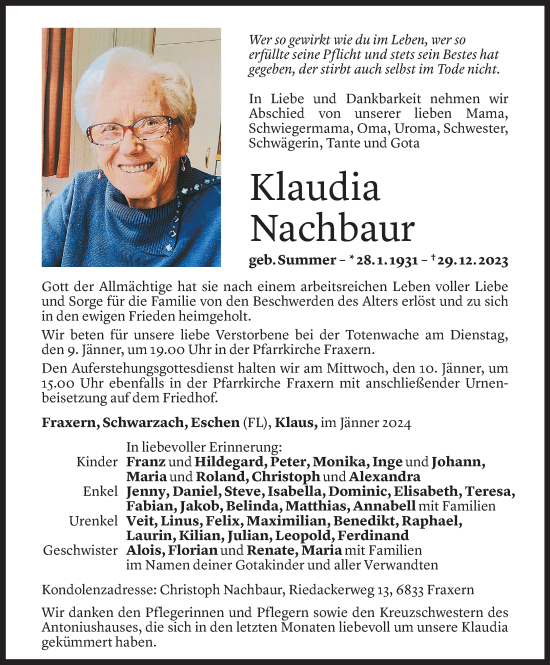 Todesanzeigen Von Klaudia Nachbaur Todesanzeigen Vorarlberger Nachrichten