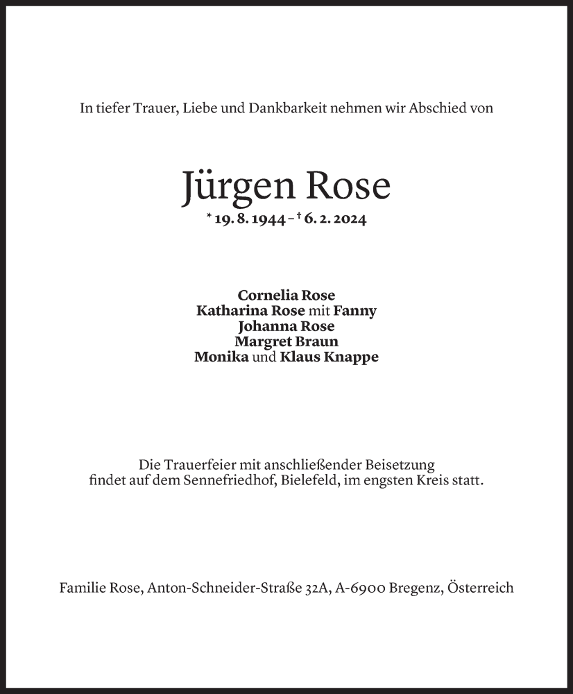 Todesanzeigen Von J Rgen Rose Todesanzeigen Vorarlberger Nachrichten