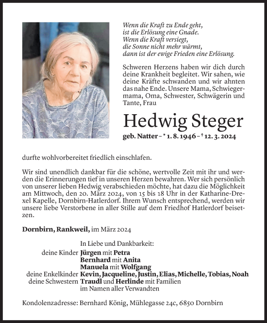 Todesanzeigen Von Hedwig Steger Todesanzeigen Vorarlberger Nachrichten