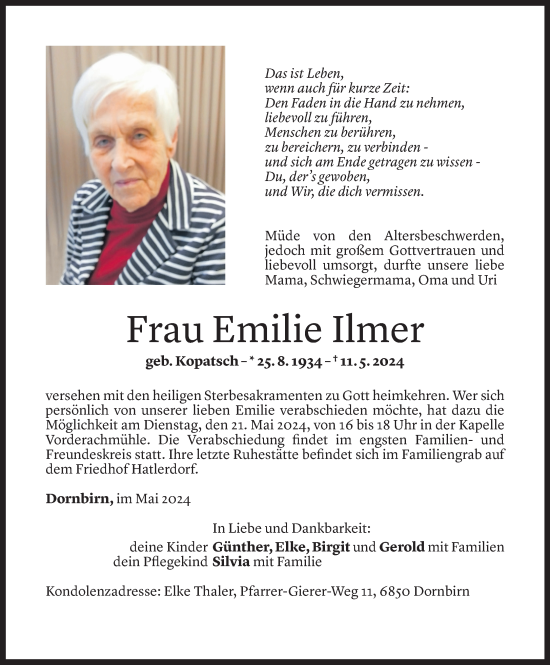 Todesanzeigen Von Emilie Ilmer Todesanzeigen Vorarlberger Nachrichten