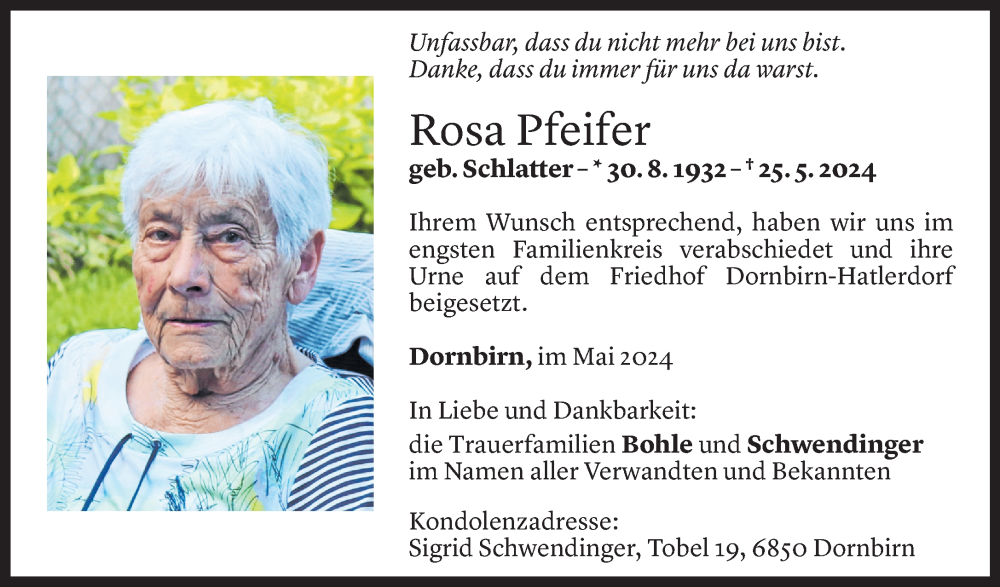 Todesanzeigen Von Rosa Pfeifer Todesanzeigen Vorarlberger Nachrichten