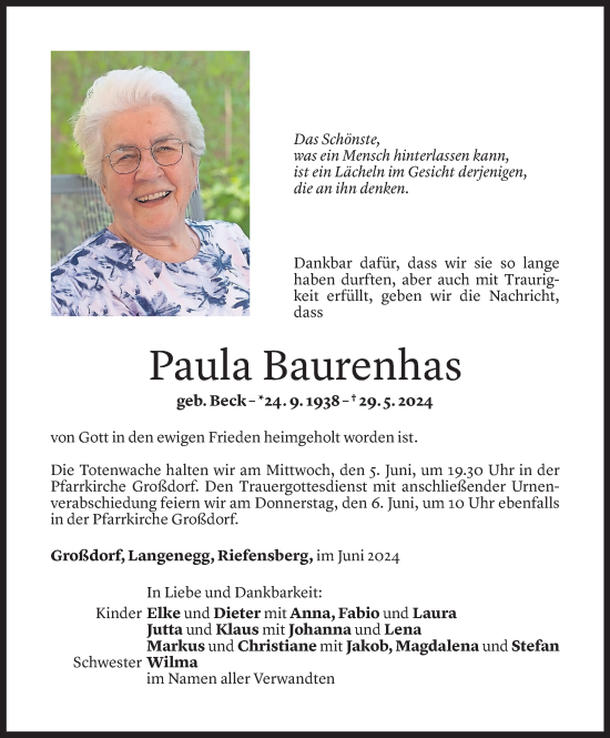 Todesanzeigen Von Paula Baurenhas Todesanzeigen Vorarlberger Nachrichten