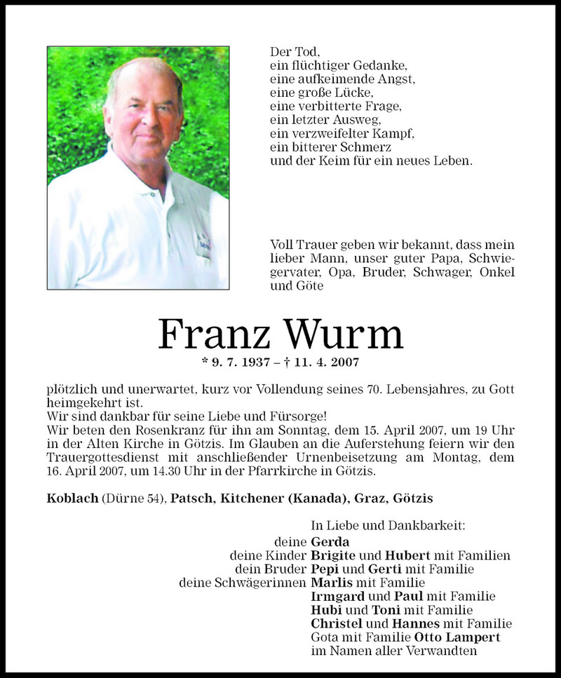  Todesanzeige für Franz Wurm vom 14.04.2007 aus Vorarlberger Nachrichten
