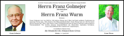 Todesanzeige von Franz Golmejer und  Franz Wurm von Vorarlberger Nachrichten