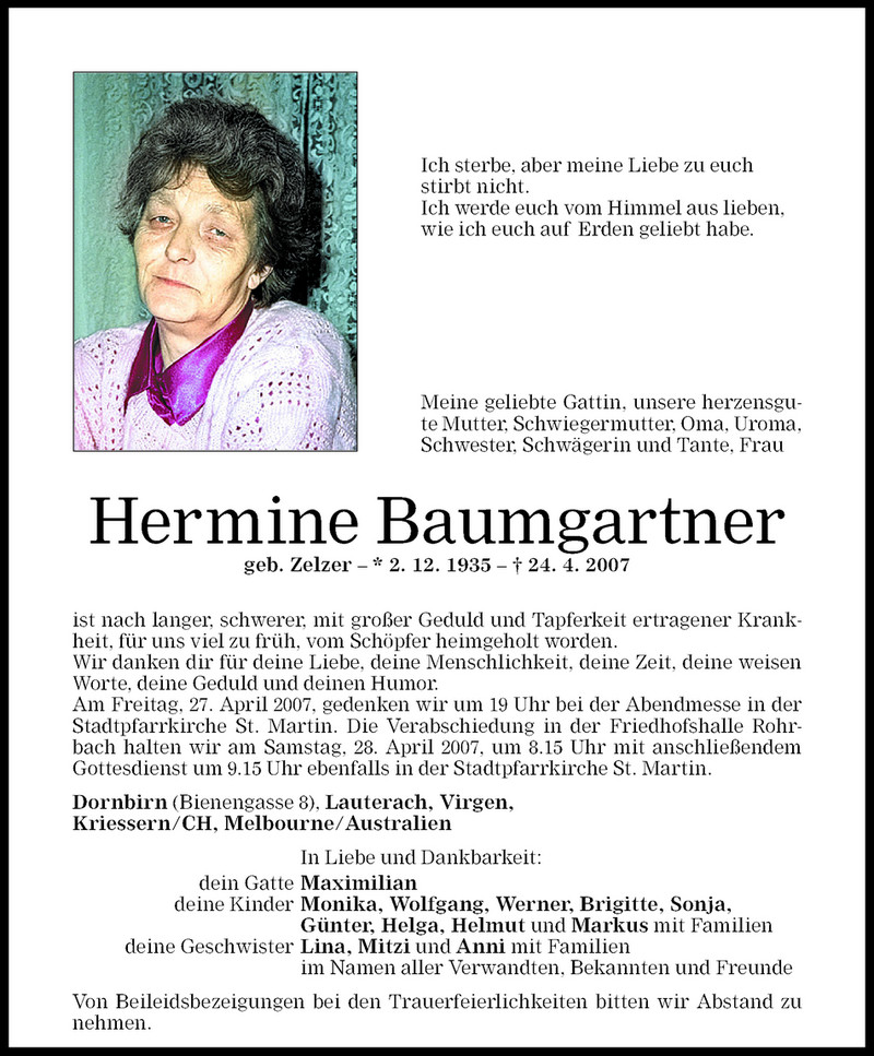 Todesanzeige für Hermine Baumgartner vom 26.04.2007 aus Vorarlberger Nachrichten