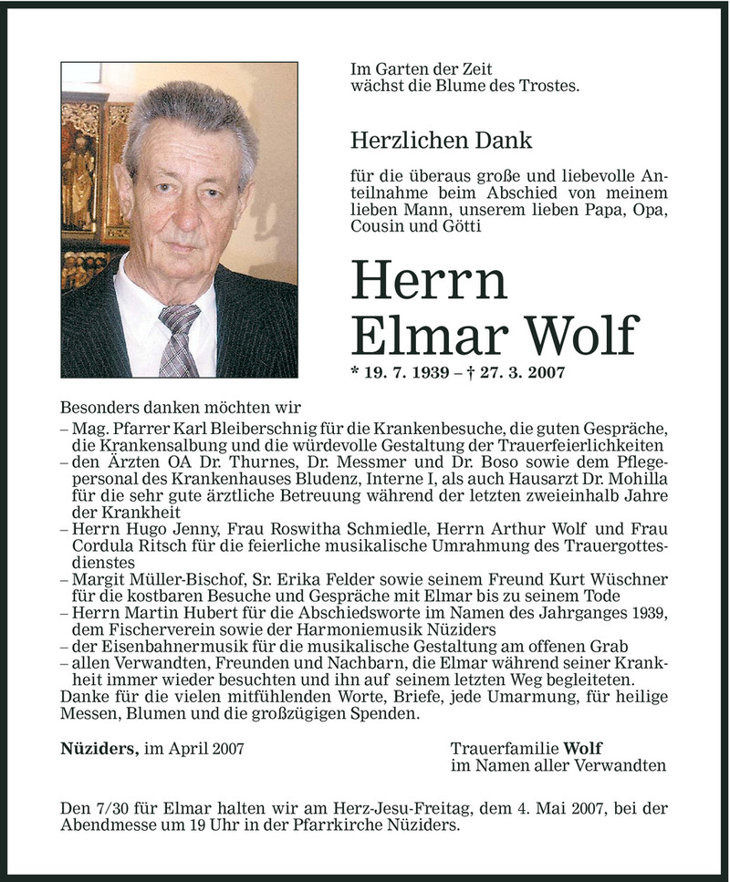  Todesanzeige für Elmar Wolf vom 28.04.2007 aus Vorarlberger Nachrichten