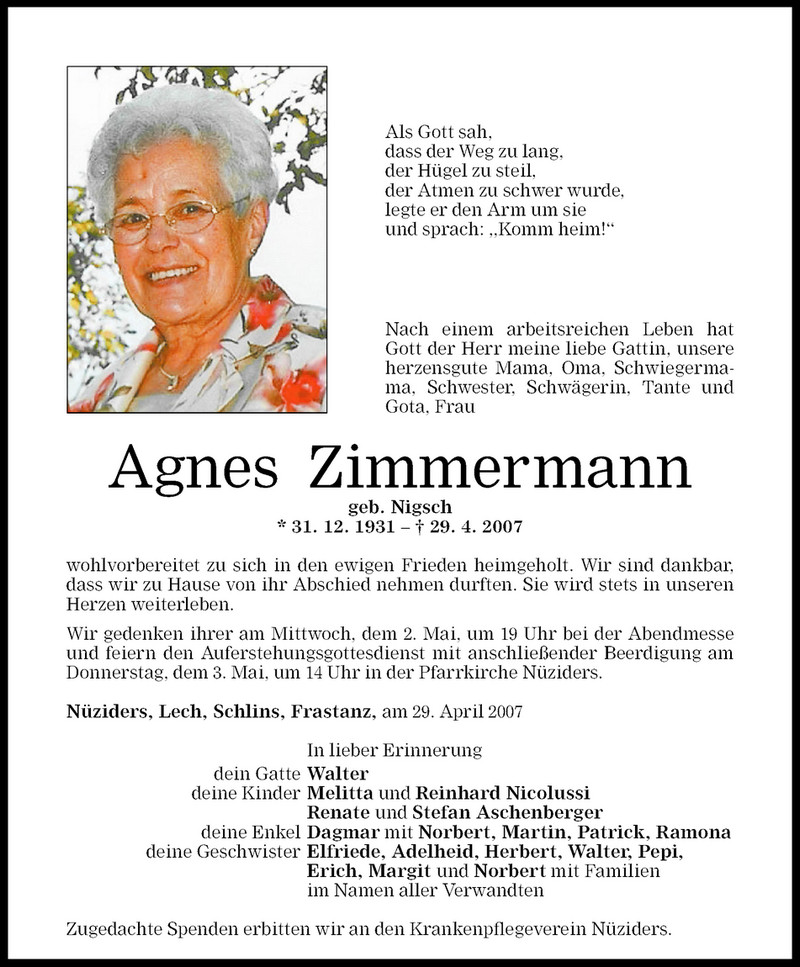  Todesanzeige für Agnes  Zimmermann  vom 01.05.2007 aus Vorarlberger Nachrichten