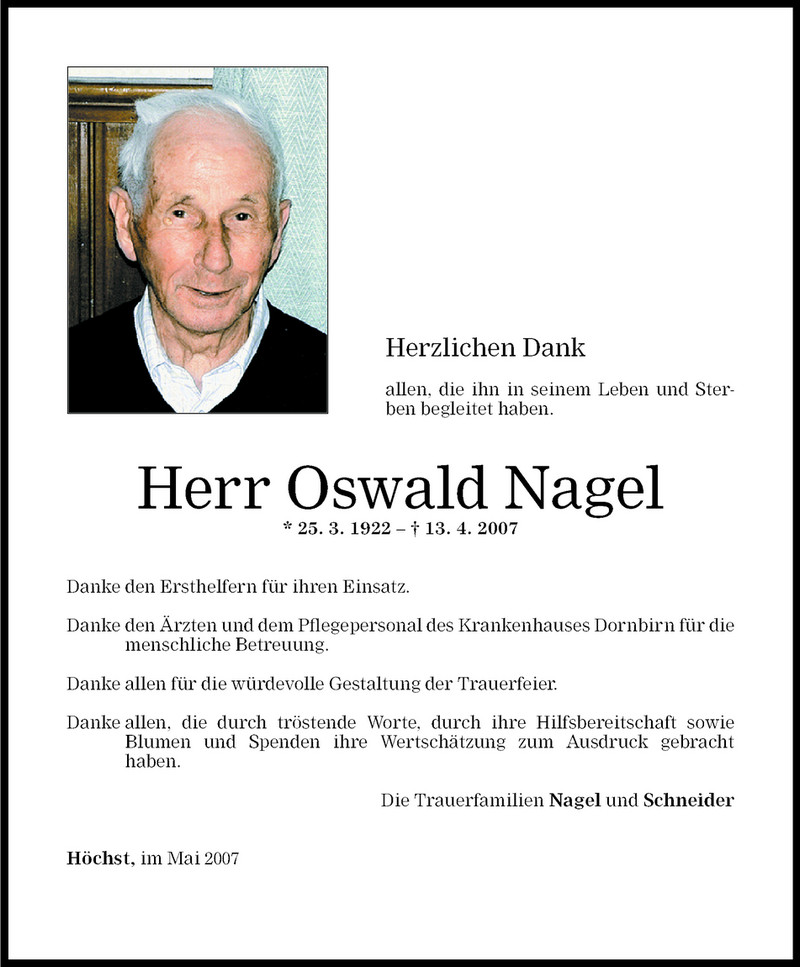Todesanzeigen von Oswald Nagel Todesanzeigen Vorarlberger Nachrichten