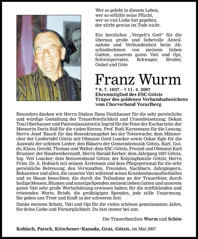  Todesanzeige für Franz Wurm vom 05.05.2007 aus Vorarlberger Nachrichten