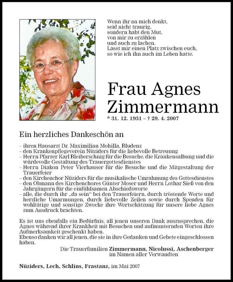  Todesanzeige für Agnes  Zimmermann  vom 15.05.2007 aus Vorarlberger Nachrichten