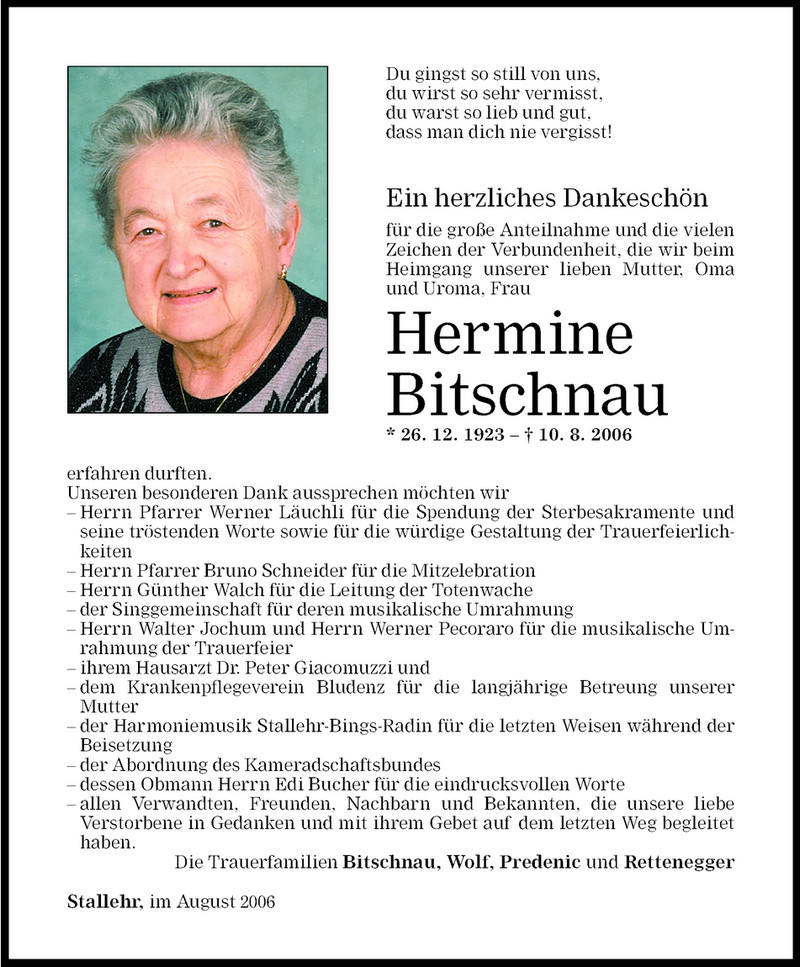  Todesanzeige für Hermine Bitschnau vom 02.09.2006 aus Vorarlberger Nachrichten