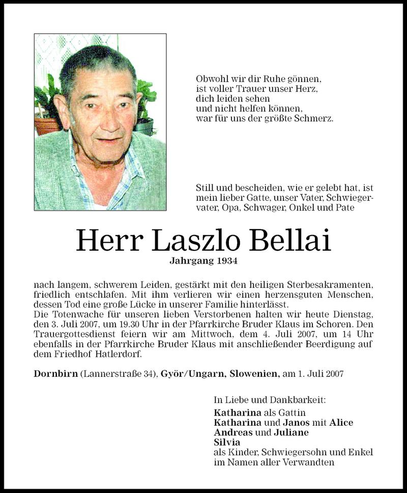  Todesanzeige für Laszlo Bellai vom 03.07.2007 aus Vorarlberger Nachrichten