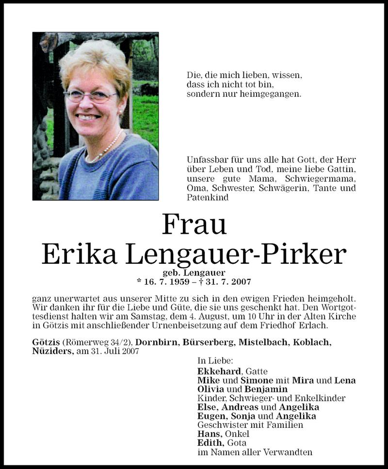  Todesanzeige für Erika  Lengauer-Pirker vom 02.08.2007 aus Vorarlberger Nachrichten