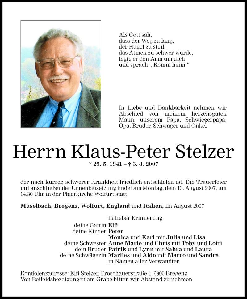 Todesanzeigen Von Klaus Peter Stelzer Todesanzeigen Vorarlberger Nachrichten