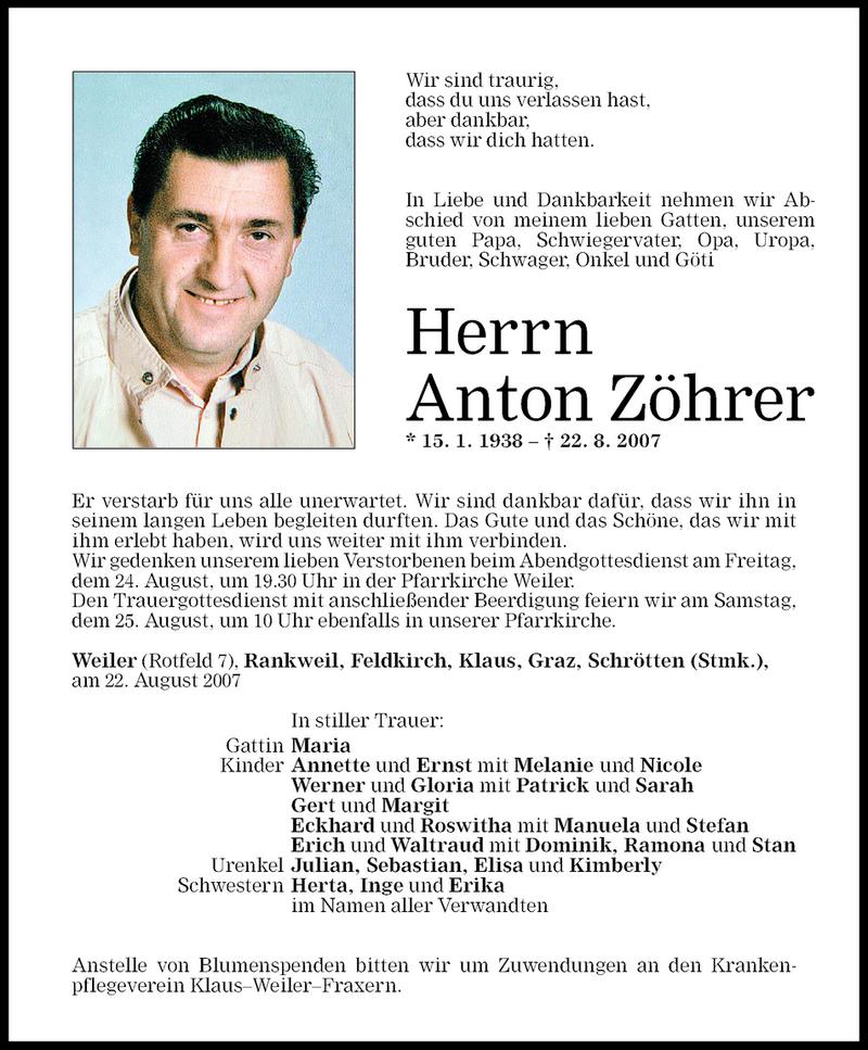 Todesanzeigen Von Anton Zöhrer | Todesanzeigen Vorarlberger Nachrichten