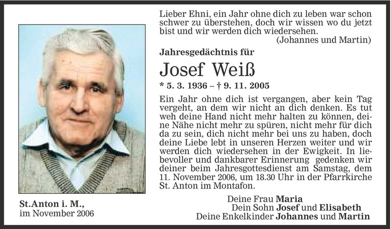  Todesanzeige für Josef Weiß vom 10.11.2006 aus Vorarlberger Nachrichten