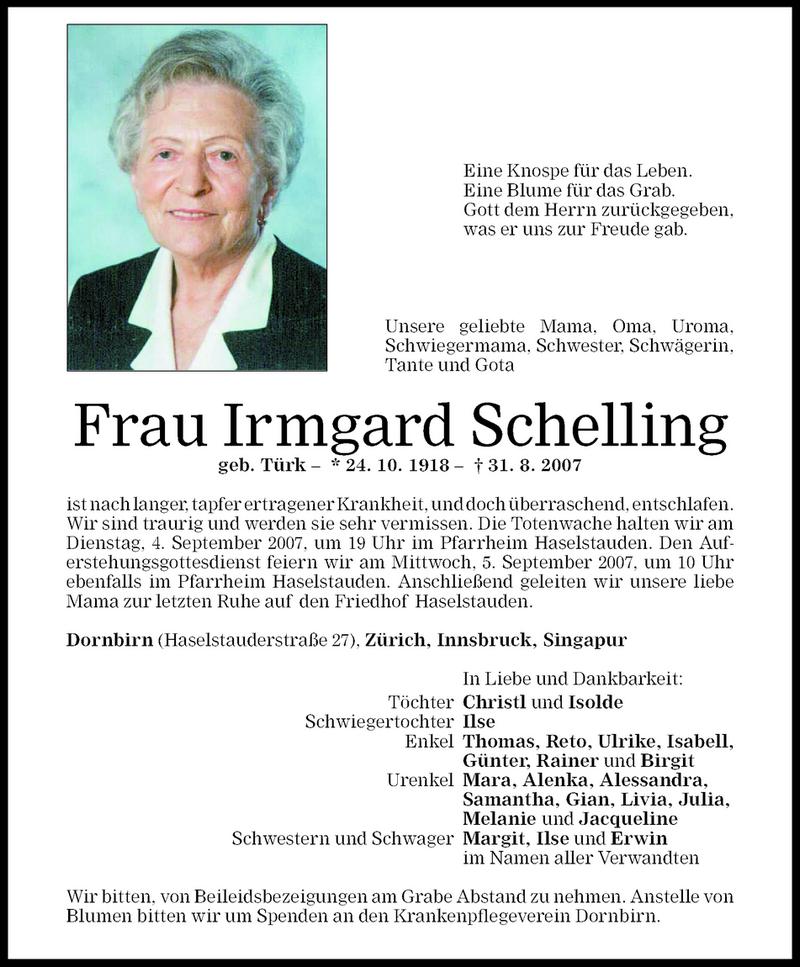 Todesanzeigen von Irmgard Schelling | Todesanzeigen Vorarlberger ...