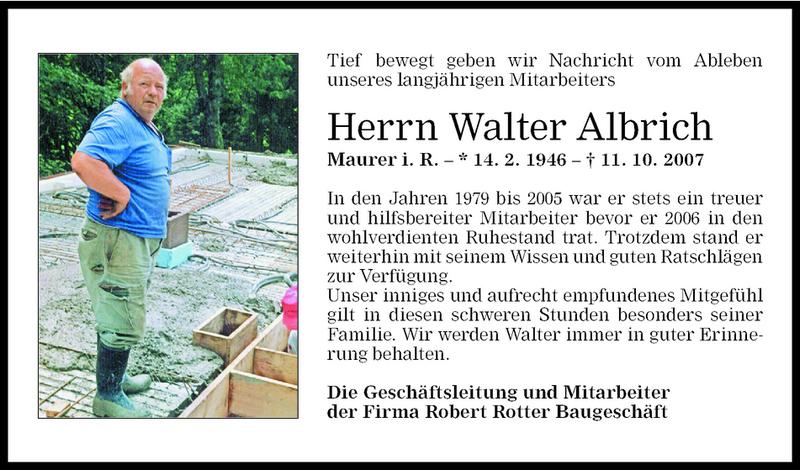 Todesanzeige für Walter Albrich vom 13.10.2007 aus Vorarlberger Nachrichten