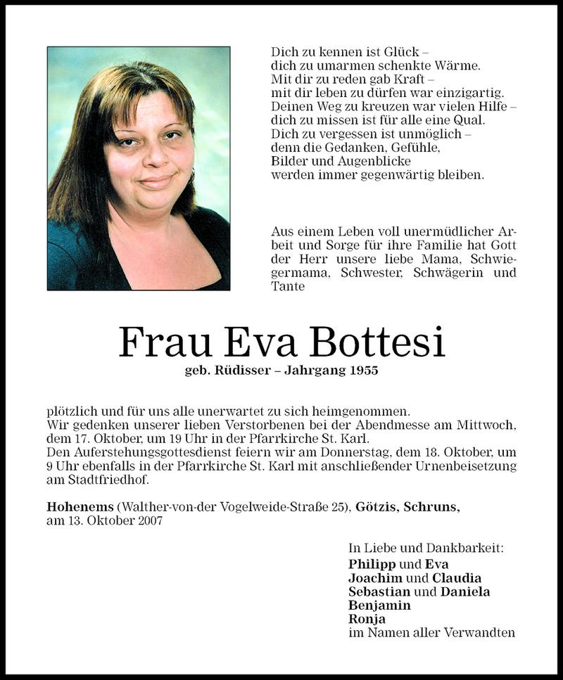  Todesanzeige für Eva Bottesi vom 16.10.2007 aus Vorarlberger Nachrichten