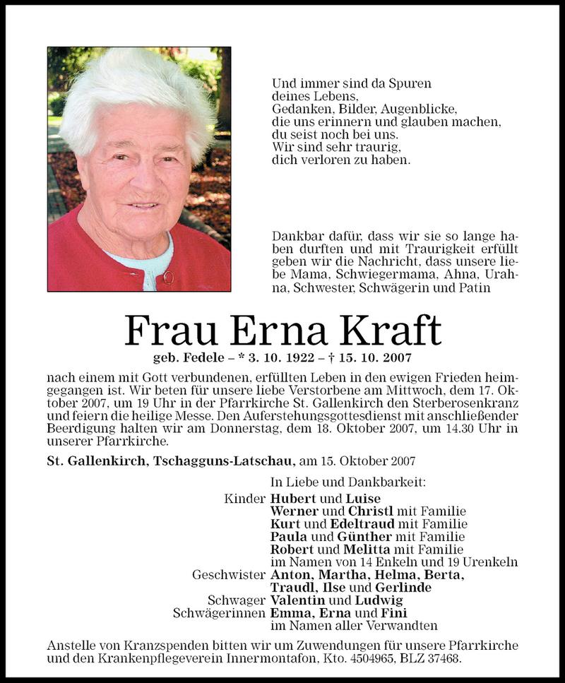  Todesanzeige für Erna Kraft vom 16.10.2007 aus Vorarlberger Nachrichten