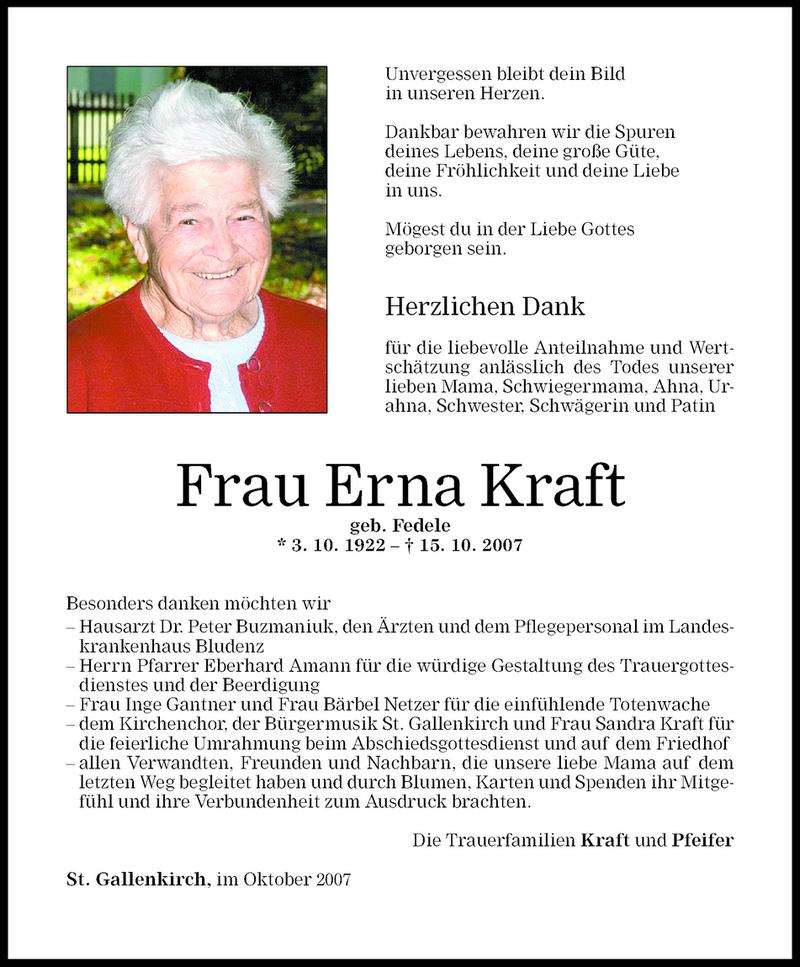  Todesanzeige für Erna Kraft vom 27.10.2007 aus Vorarlberger Nachrichten