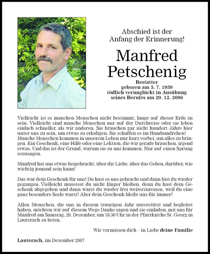  Todesanzeige für Manfred Petschenig vom 27.12.2007 aus Vorarlberger Nachrichten