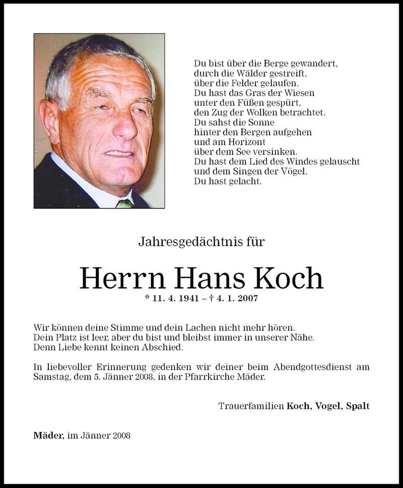 Todesanzeigen Von Hans Koch Todesanzeigen Vorarlberger Nachrichten