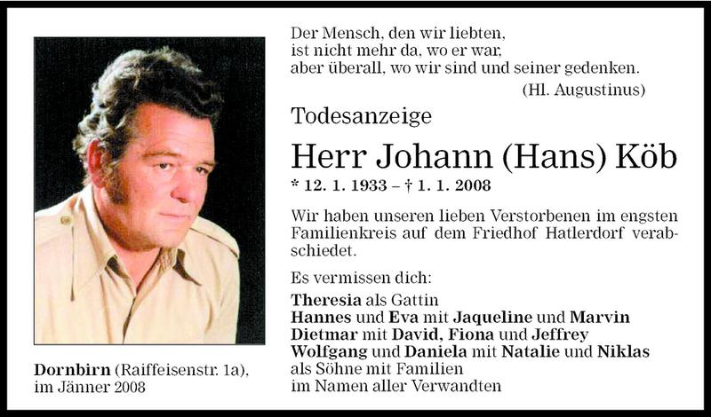  Todesanzeige für Johann (Hans) Köb vom 08.01.2008 aus Vorarlberger Nachrichten