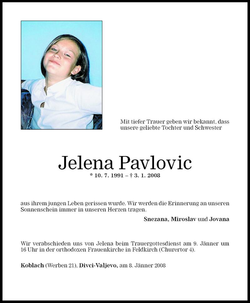  Todesanzeige für Jelena Pavlovic vom 09.01.2008 aus Vorarlberger Nachrichten