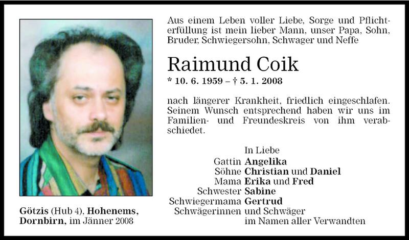 Todesanzeige für Raimund Coik vom 11.01.2008 aus Vorarlberger Nachrichten