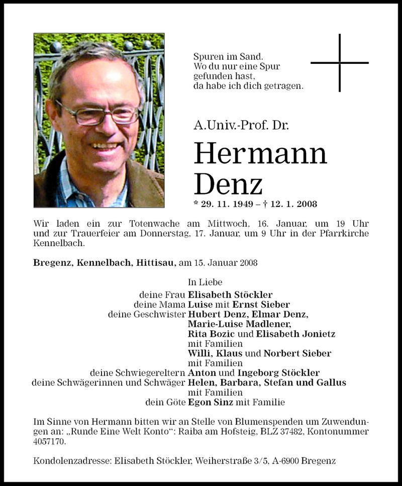  Todesanzeige für Hermann Denz vom 15.01.2008 aus Vorarlberger Nachrichten