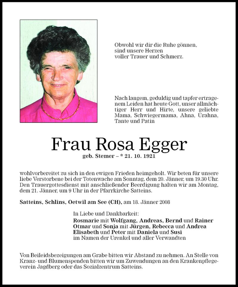 Todesanzeigen von Rosa Egger | Todesanzeigen Vorarlberger Nachrichten