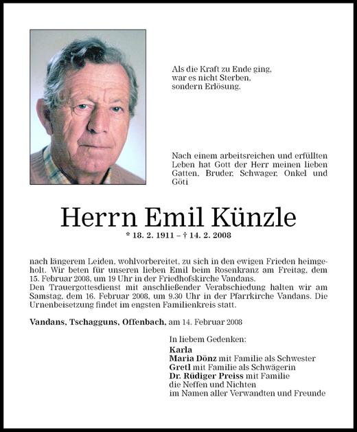 Todesanzeigen von Emil Künzle | Todesanzeigen Vorarlberger Nachrichten