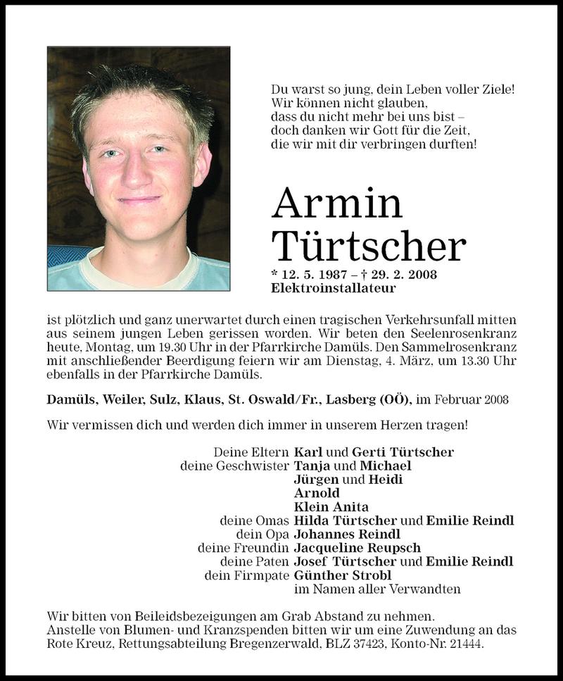  Todesanzeige für Armin Türtscher vom 03.03.2008 aus Vorarlberger Nachrichten