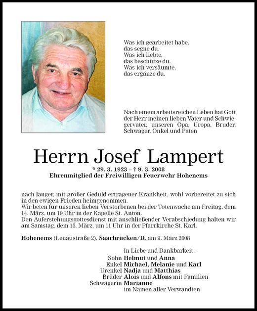 Todesanzeigen von Josef Lampert | Todesanzeigen Vorarlberger Nachrichten