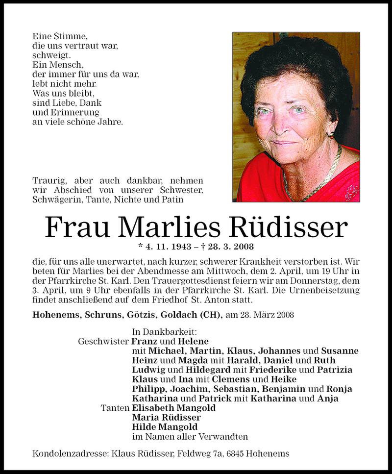  Todesanzeige für Marlies Rüdisser vom 01.04.2008 aus Vorarlberger Nachrichten