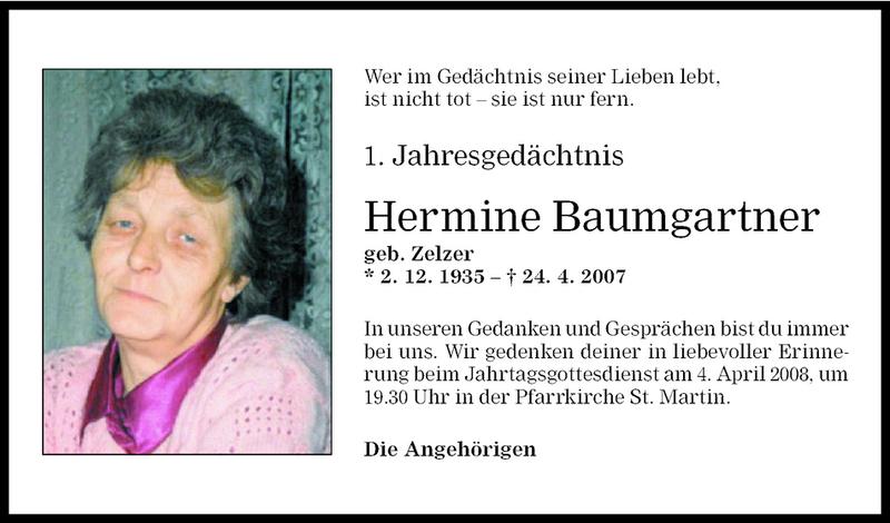 Todesanzeige für Hermine Baumgartner vom 03.04.2008 aus Vorarlberger Nachrichten