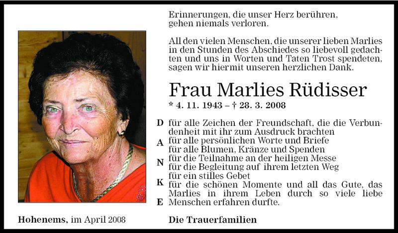  Todesanzeige für Marlies Rüdisser vom 19.04.2008 aus Vorarlberger Nachrichten