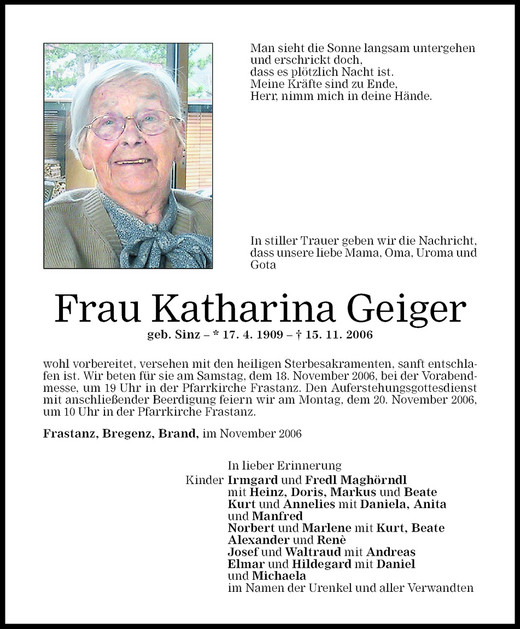 Todesanzeigen von Katharina Geiger | Todesanzeigen Vorarlberger Nachrichten